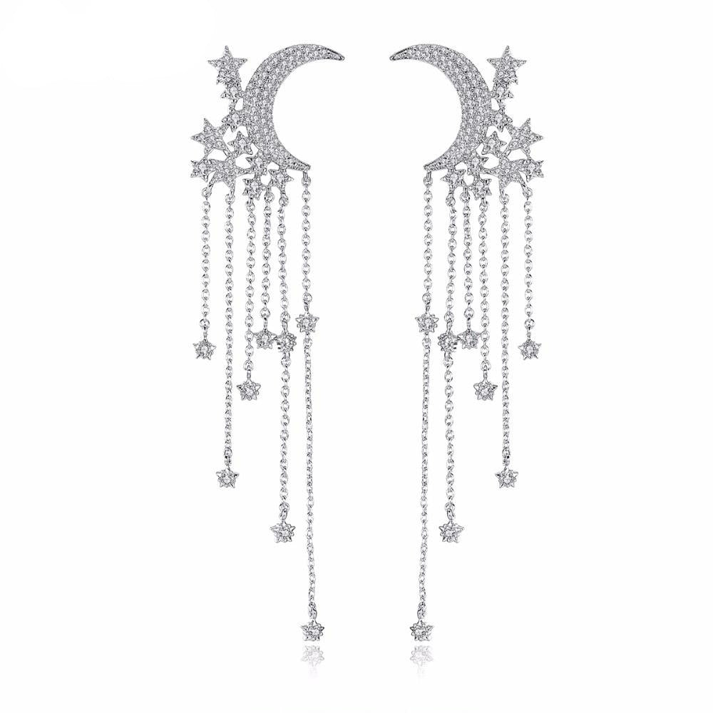 Pordenone Crystal Star And Moon Tassel Dangle Drop Statement Earrings 