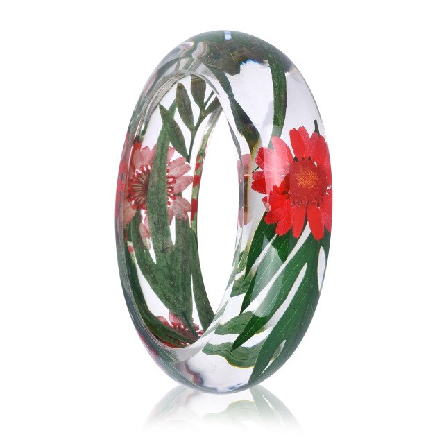 Red & Pink Dried Flower Inside Of Clear Resin Bracelet Bangle Best