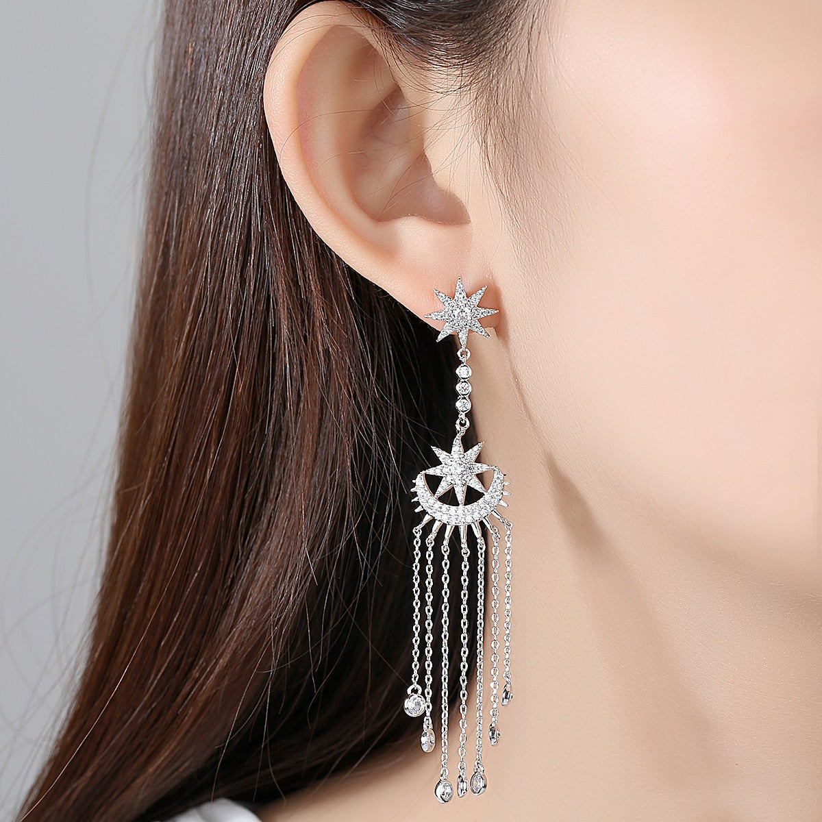 Derby Asymmetrical Moon Star Crystal Chain Tassel Dangle Earrings – ANN ...