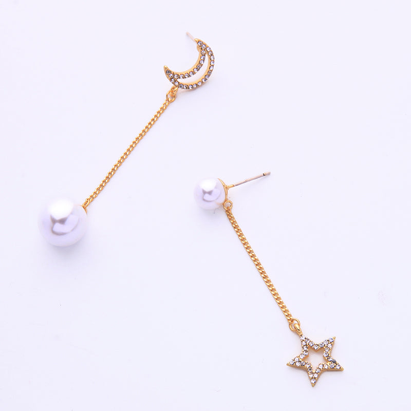 Thibodaux Asymmetrical Pearl Crystal Moon Star Chain Dangle Earrings ...